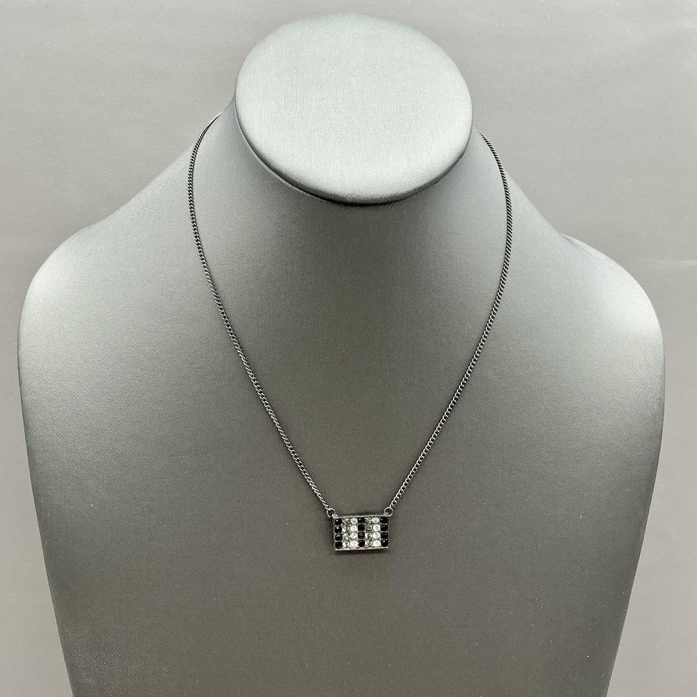 Guess Necklace Rectangle Pendant Gray Chain Black White Rhinestone Womens